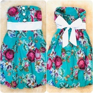 💚🌺 Teal Blue & Fuchsia Pink Floral Flowy Strapless Mini Dress with Bow 🌺💙